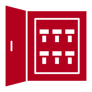 Red circuit breaker panel icon on black.