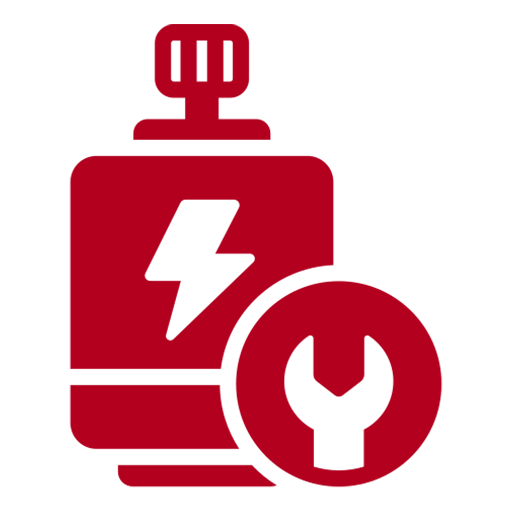 Red battery and wrench icon on black.