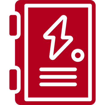 Red electrical panel with lightning bolt symbol.