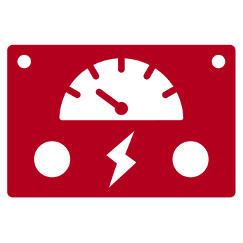 Red gauge icon with lightning bolt symbol.
